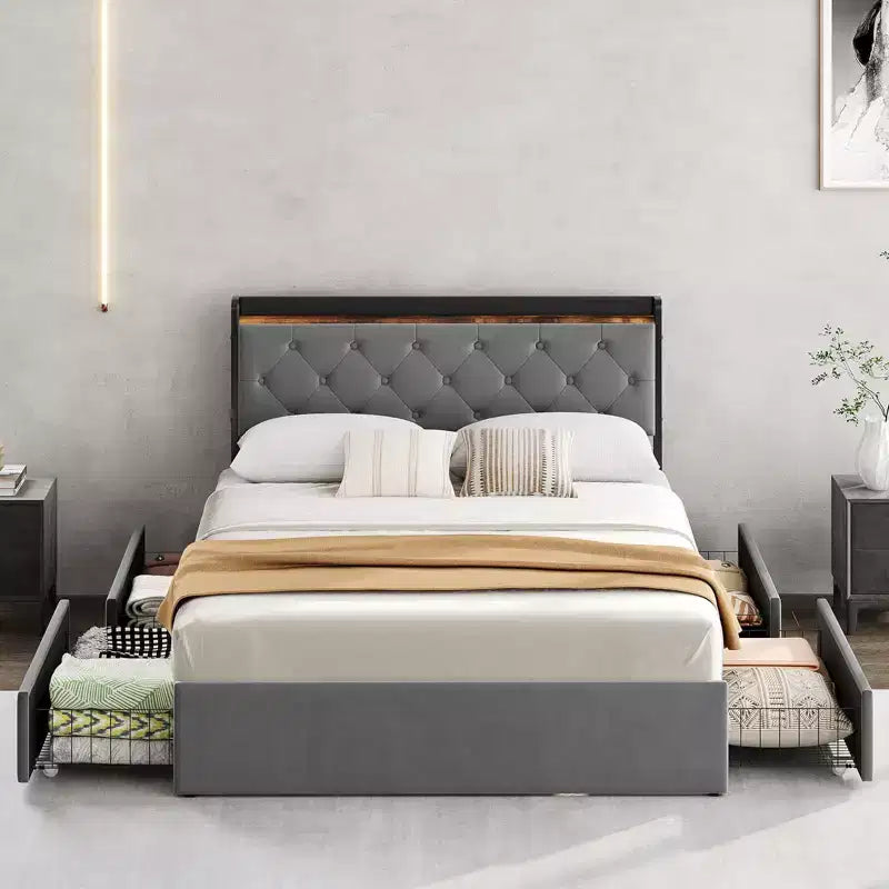 Cadre de Lit en Velours avec Quatre Tiroirs de Rangement et Station de Charge USB, Cadre de Lit Gris avec Tête de Lit de Rangement et Support à Lattes en Bois