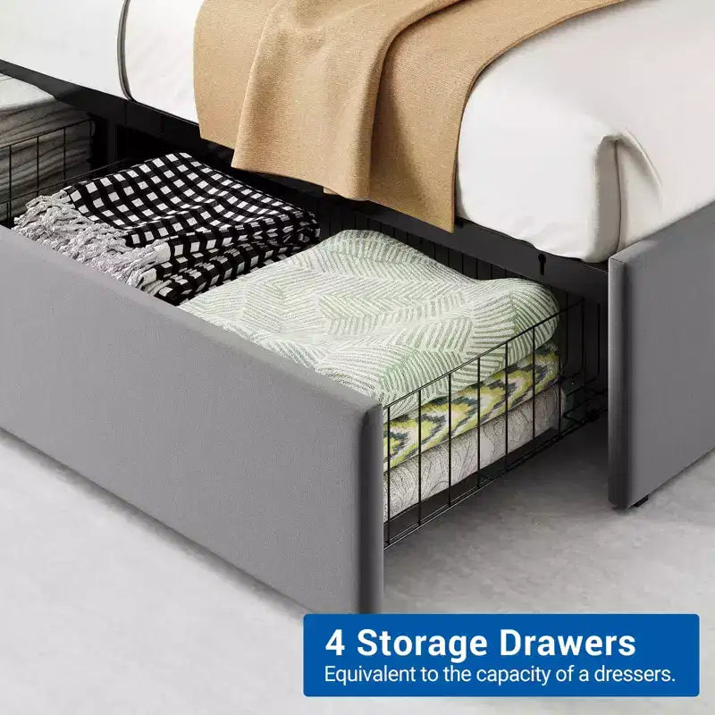 Cadre de Lit en Velours avec Quatre Tiroirs de Rangement et Station de Charge USB, Cadre de Lit Gris avec Tête de Lit de Rangement et Support à Lattes en Bois