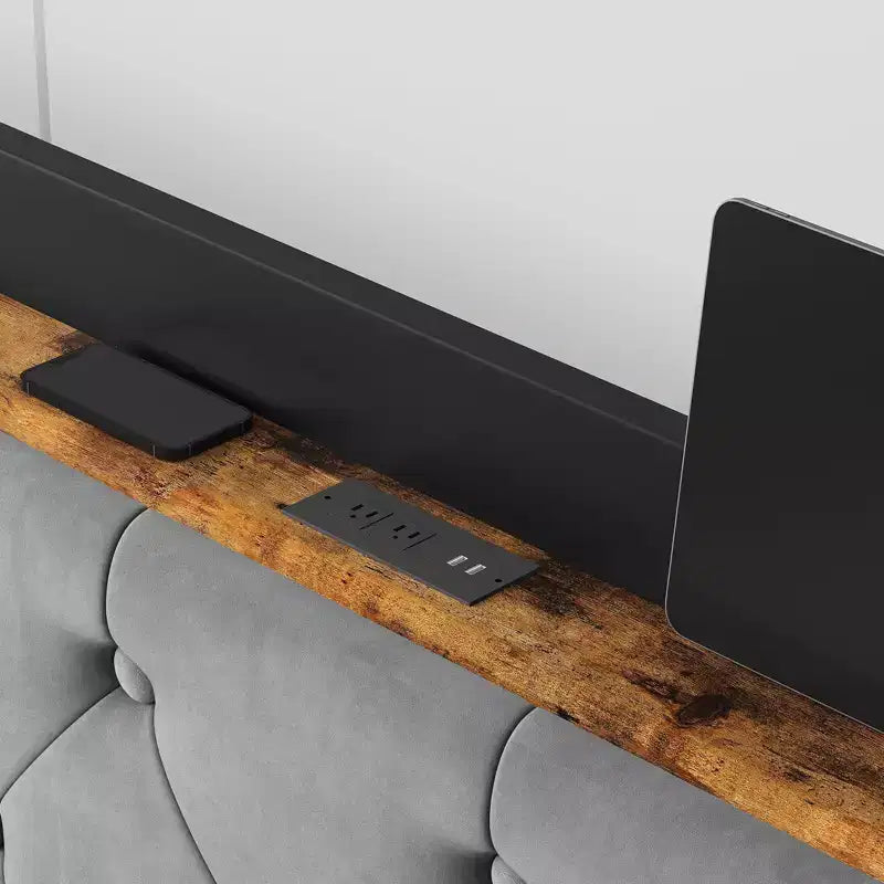 Cadre de Lit en Velours avec Quatre Tiroirs de Rangement et Station de Charge USB, Cadre de Lit Gris avec Tête de Lit de Rangement et Support à Lattes en Bois