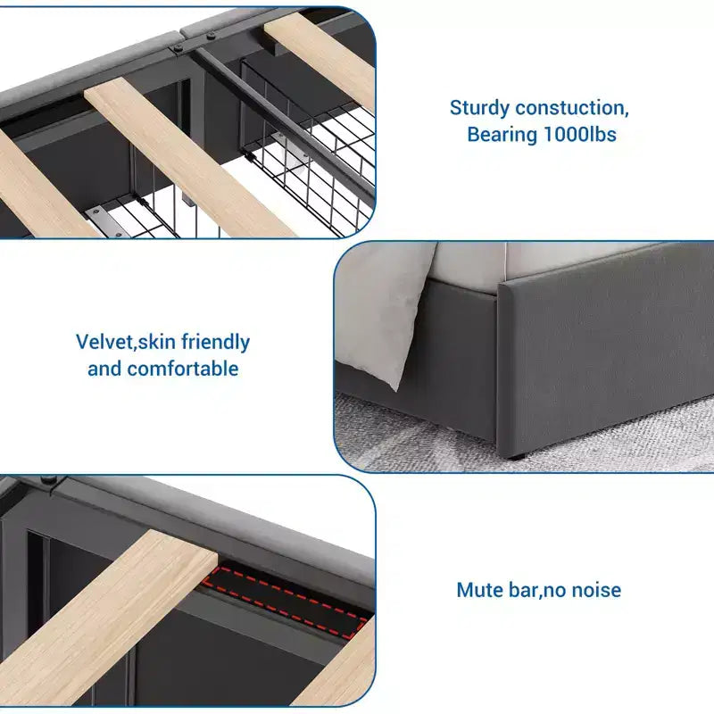 Cadre de Lit en Velours avec Quatre Tiroirs de Rangement et Station de Charge USB, Cadre de Lit Gris avec Tête de Lit de Rangement et Support à Lattes en Bois