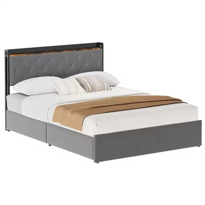 Cadre de Lit en Velours avec Quatre Tiroirs de Rangement et Station de Charge USB, Cadre de Lit Gris avec Tête de Lit de Rangement et Support à Lattes en Bois