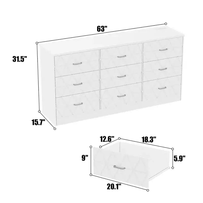 Commode moderne 9 tiroirs de 160 cm avec prise de courant
