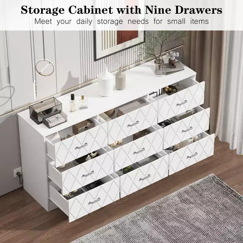 Commode moderne 9 tiroirs de 160 cm avec prise de courant