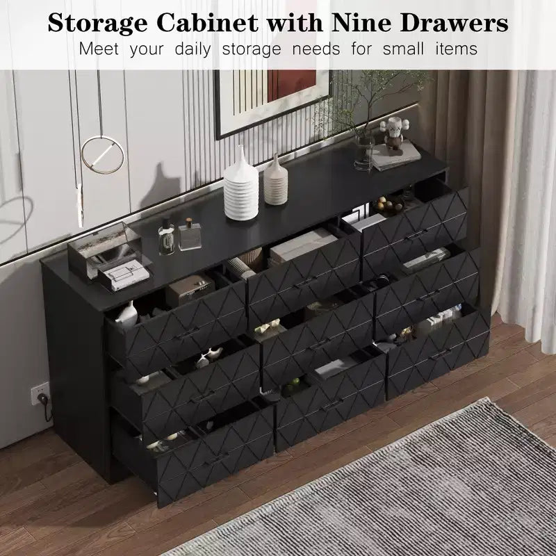 Commode moderne 9 tiroirs de 160 cm avec prise de courant