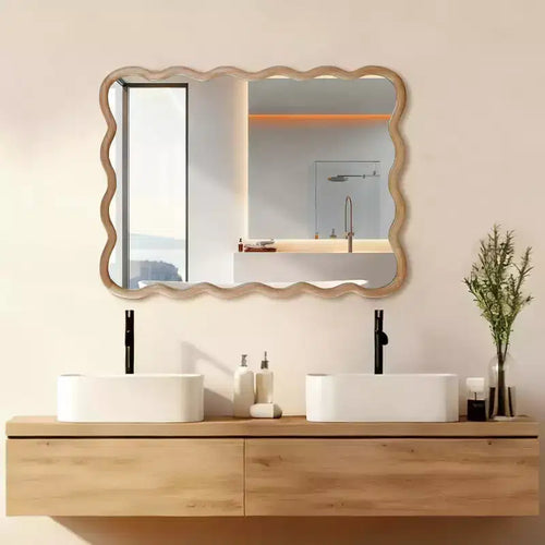Miroir décoratif rectangulaire ondulé en bois massif 30 x 40 pour chambre, salle de bain et salon, en bois naturel