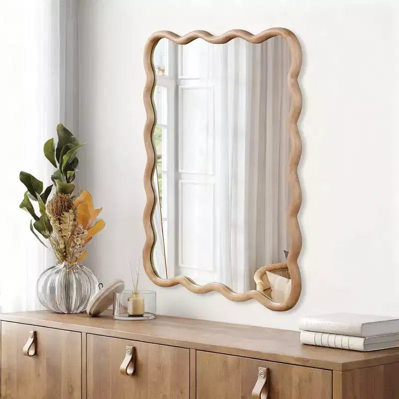 Miroir décoratif rectangulaire ondulé en bois massif 30 x 40 pour chambre, salle de bain et salon, en bois naturel