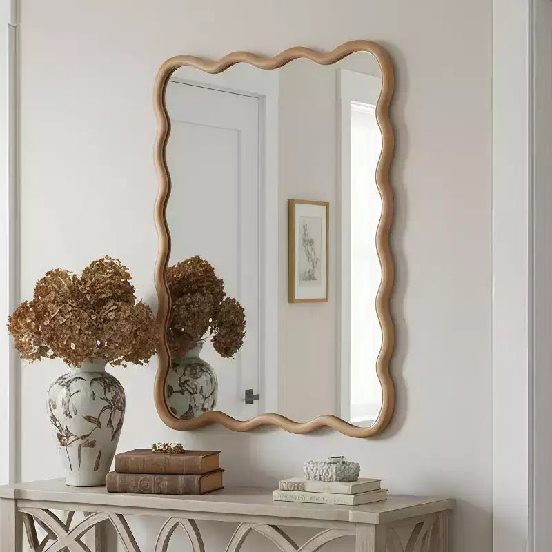 Miroir décoratif rectangulaire ondulé en bois massif 30 x 40 pour chambre, salle de bain et salon, en bois naturel