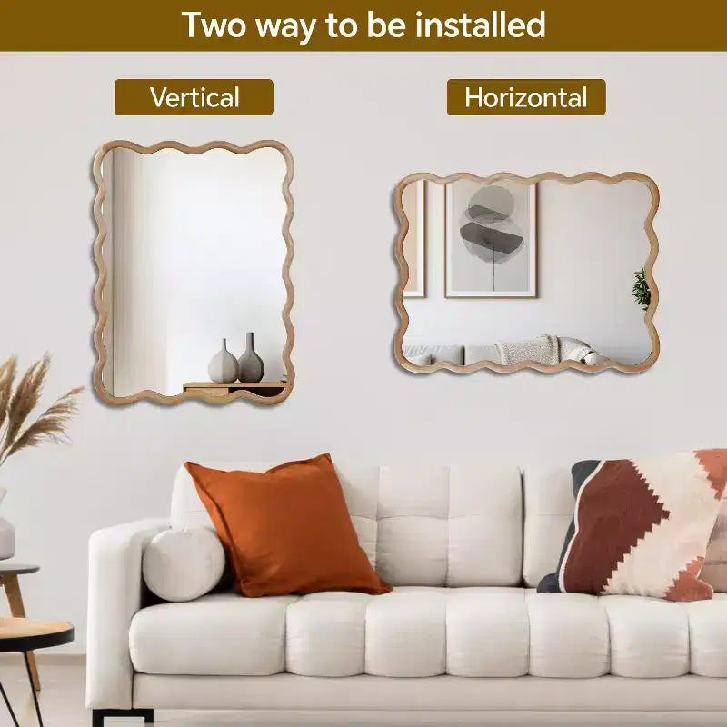 Miroir décoratif rectangulaire ondulé en bois massif 30 x 40 pour chambre, salle de bain et salon, en bois naturel
