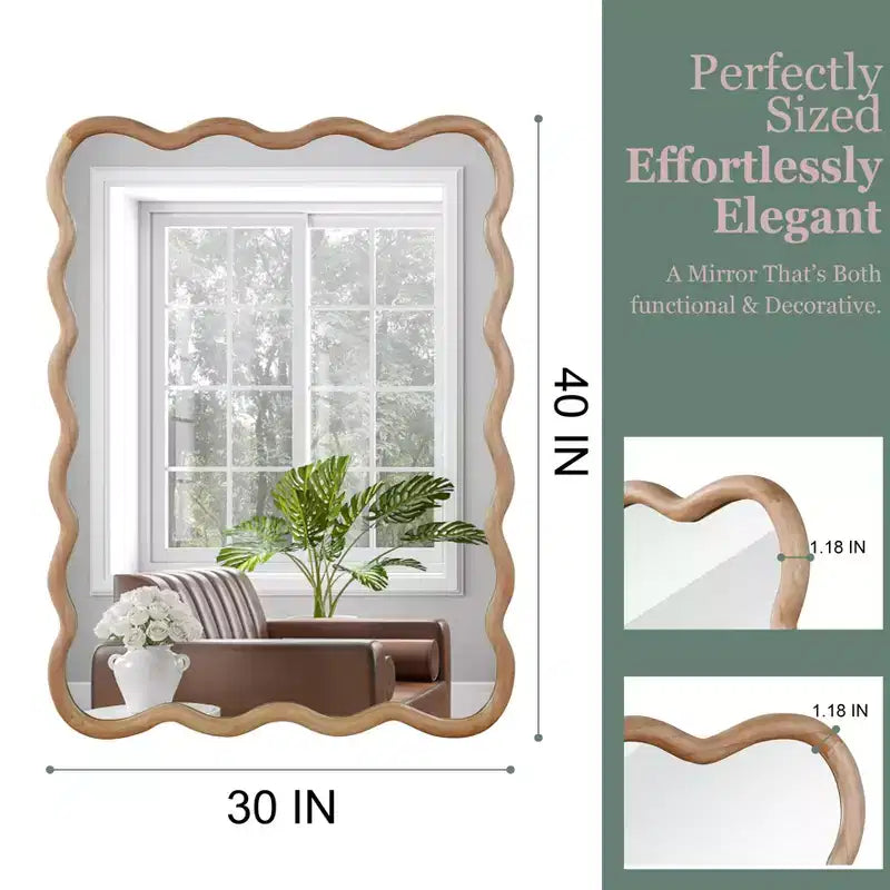 Miroir décoratif rectangulaire ondulé en bois massif 30 x 40 pour chambre, salle de bain et salon, en bois naturel