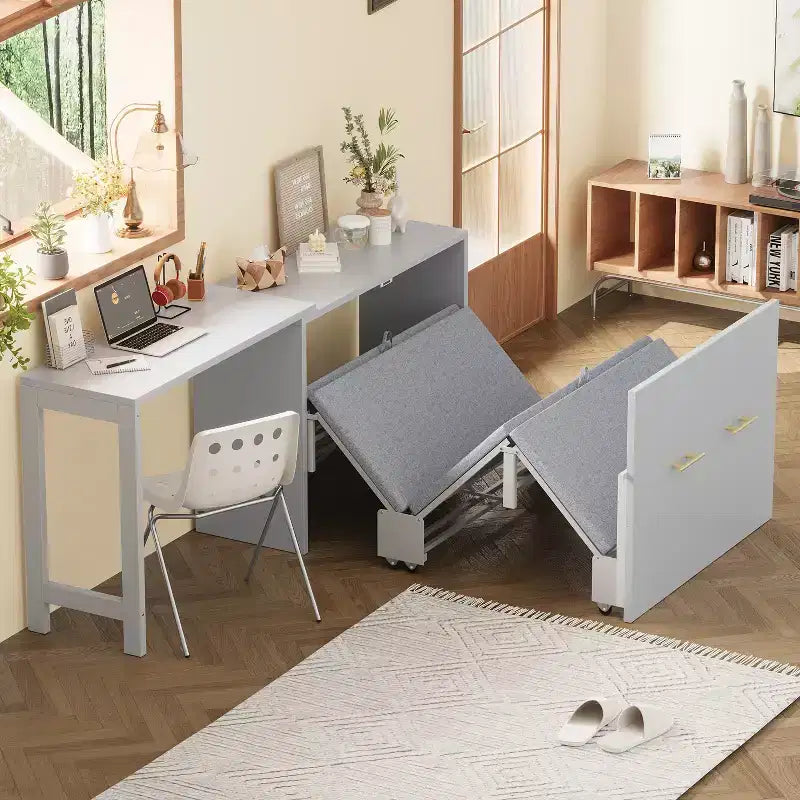Twin Size Murphy Bed Space with Foldable Cushion, Saving Foldable Bed Murphy Chest Dresser Bed with Adjustable Position Desk, White/Gray - ModernLuxe