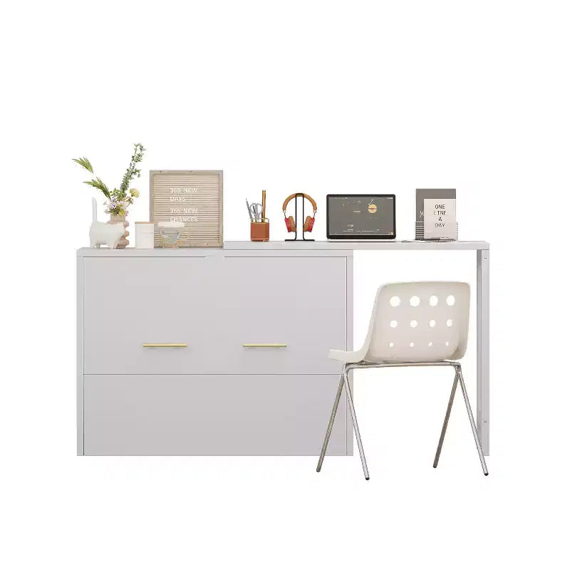 Lit simple avec coussin pliant, lit coffre mural pliant avec bureau à position réglable, blanc/gris