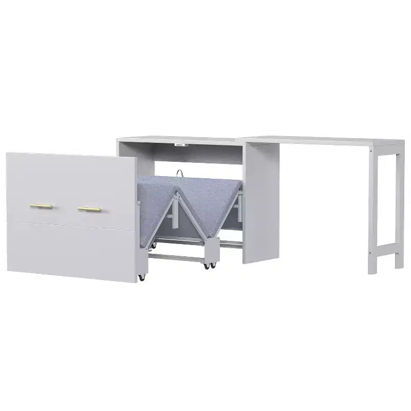 Lit simple avec coussin pliant, lit coffre mural pliant avec bureau à position réglable, blanc/gris