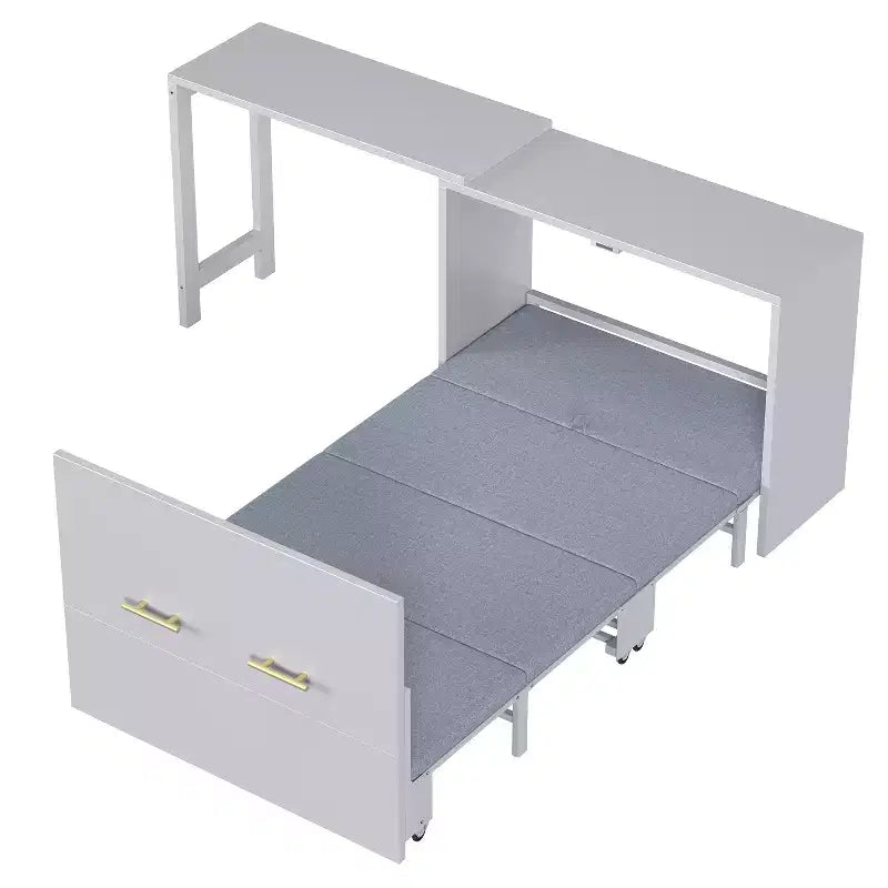 Lit simple avec coussin pliant, lit coffre mural pliant avec bureau à position réglable, blanc/gris