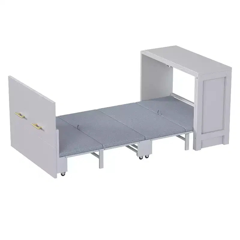 Lit simple avec coussin pliant, lit coffre mural pliant avec bureau à position réglable, blanc/gris