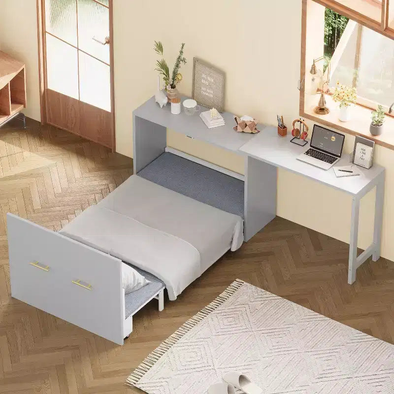 Lit simple avec coussin pliant, lit coffre mural pliant avec bureau à position réglable, blanc/gris