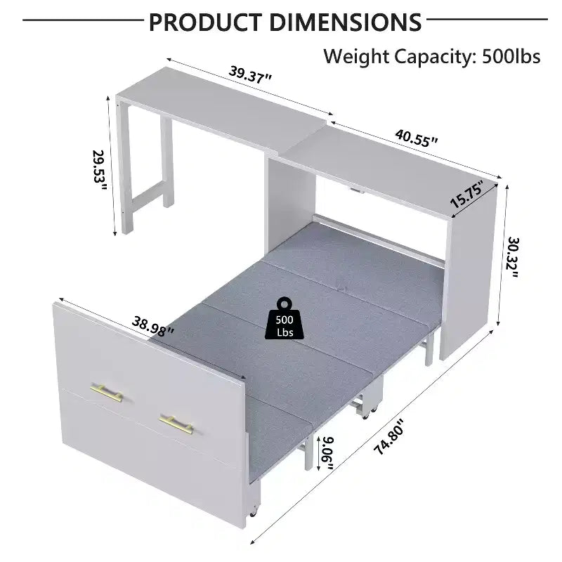 Lit simple avec coussin pliant, lit coffre mural pliant avec bureau à position réglable, blanc/gris