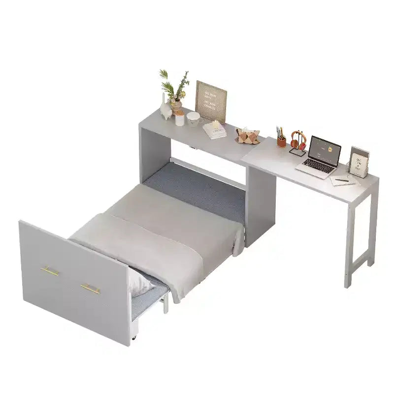 Lit simple avec coussin pliant, lit coffre mural pliant avec bureau à position réglable, blanc/gris