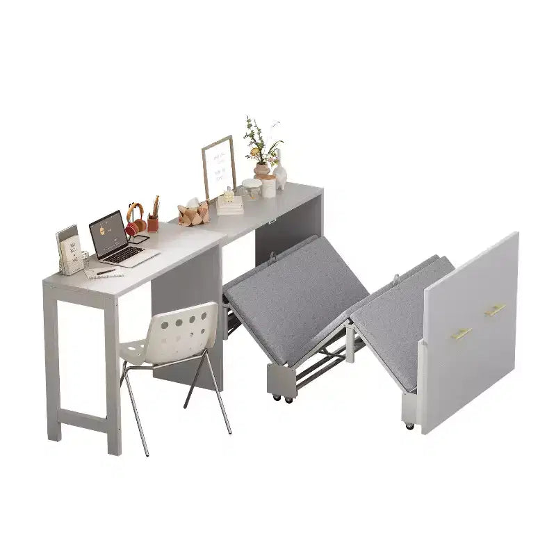 Lit simple avec coussin pliant, lit coffre mural pliant avec bureau à position réglable, blanc/gris