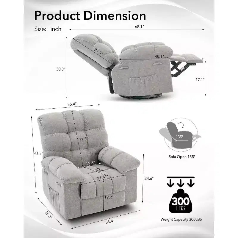 Fauteuil inclinable à bascule, Fauteuil à bascule pivotant à 360°, Fauteuil inclinable simple Lazy Boy, Poches latérales, pour Salon, Petits Espaces