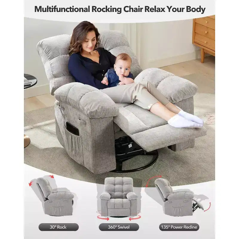 Fauteuil inclinable à bascule, Fauteuil à bascule pivotant à 360°, Fauteuil inclinable simple Lazy Boy, Poches latérales, pour Salon, Petits Espaces