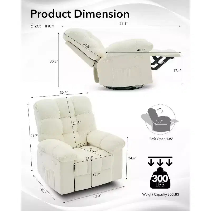Fauteuil inclinable à bascule, Fauteuil à bascule pivotant à 360°, Fauteuil inclinable simple Lazy Boy, Poches latérales, pour Salon, Petits Espaces