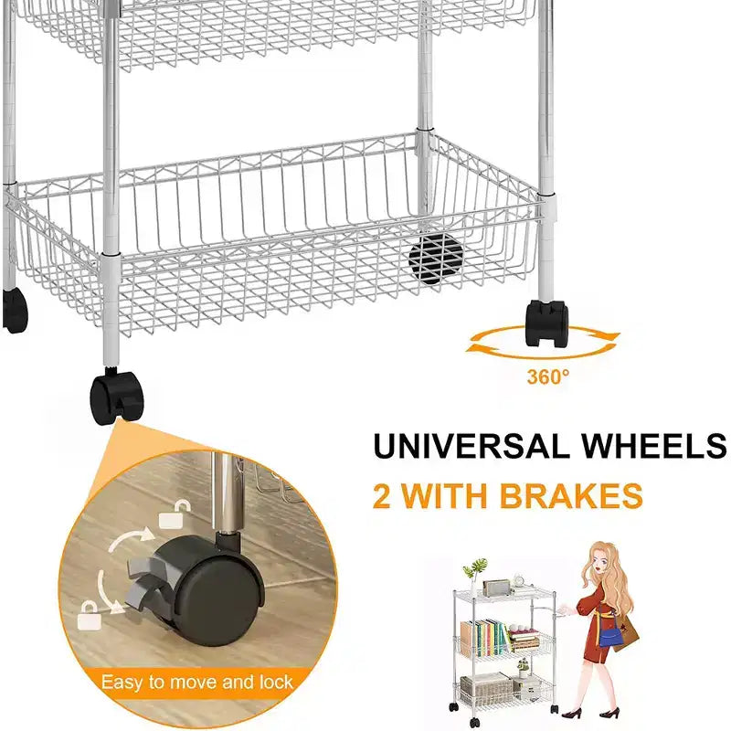 Chariot de rangement à roulettes 3 niveaux, avec poignée, en acier, pour cuisine, grande capacité