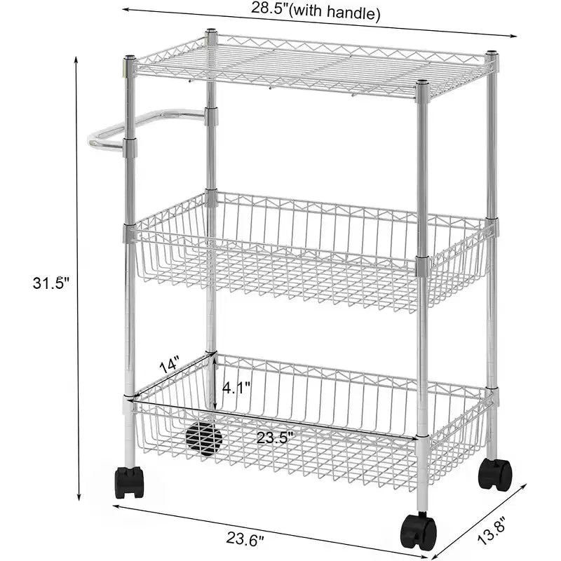 Chariot de rangement à roulettes 3 niveaux, avec poignée, en acier, pour cuisine, grande capacité