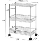 Chariot de rangement à roulettes 3 niveaux, avec poignée, en acier, pour cuisine, grande capacité