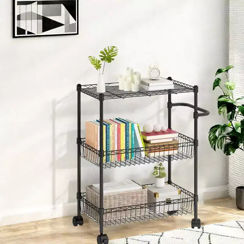Chariot de rangement à roulettes 3 niveaux, avec poignée, en acier, pour cuisine, grande capacité