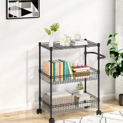 Chariot de rangement à roulettes 3 niveaux, avec poignée, en acier, pour cuisine, grande capacité