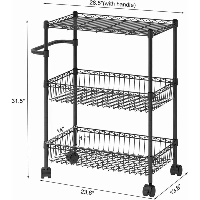 Chariot de rangement à roulettes 3 niveaux, avec poignée, en acier, pour cuisine, grande capacité