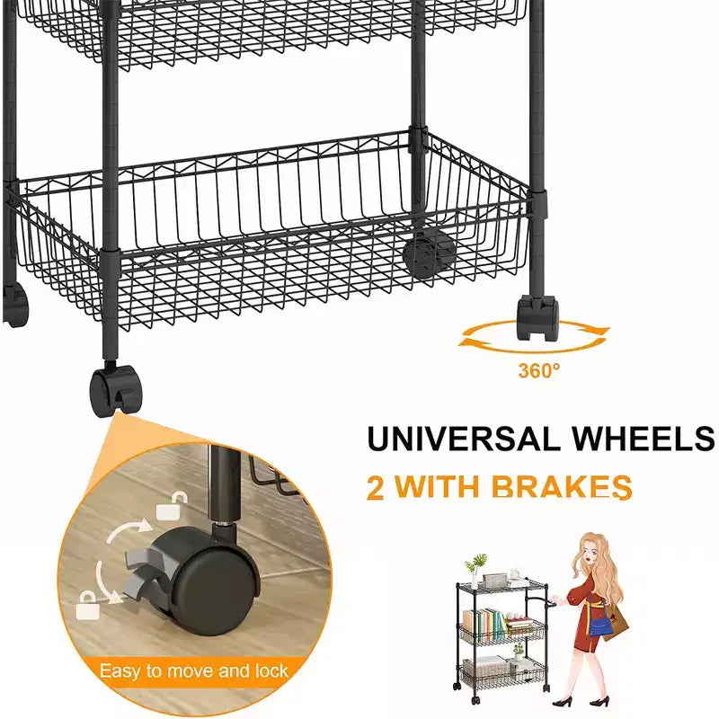 Chariot de rangement à roulettes 3 niveaux, avec poignée, en acier, pour cuisine, grande capacité