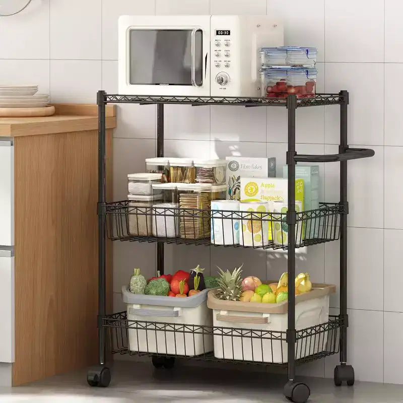 3 Tier Adjustable Heavy Duty Utility Cart On Wheel, Steel Kitchen Rolling Carts with Handle Bar