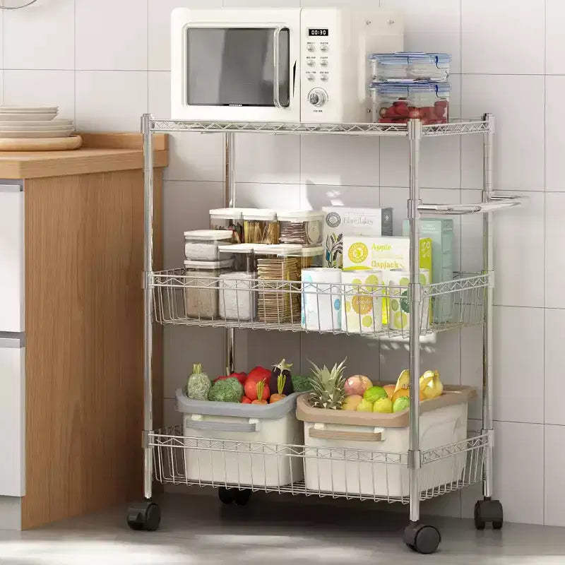 Chariot de rangement à roulettes 3 niveaux, avec poignée, en acier, pour cuisine, grande capacité