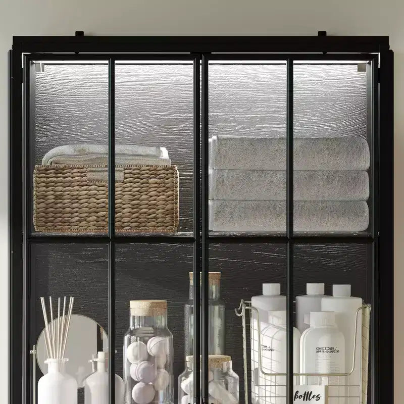 Bibliothèque de 180 cm, Vitrine à Étagères, Meuble d'Exposition en Verre Trempé pour Salon, Métal, Bois et LED