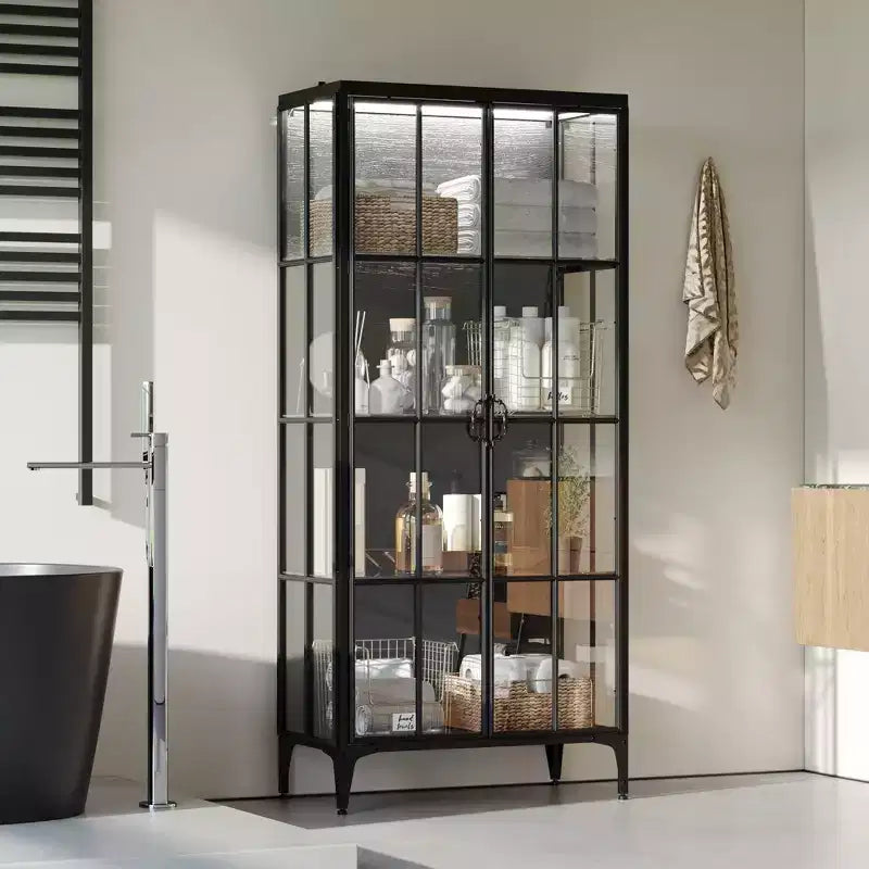 Bibliothèque de 180 cm, Vitrine à Étagères, Meuble d'Exposition en Verre Trempé pour Salon, Métal, Bois et LED