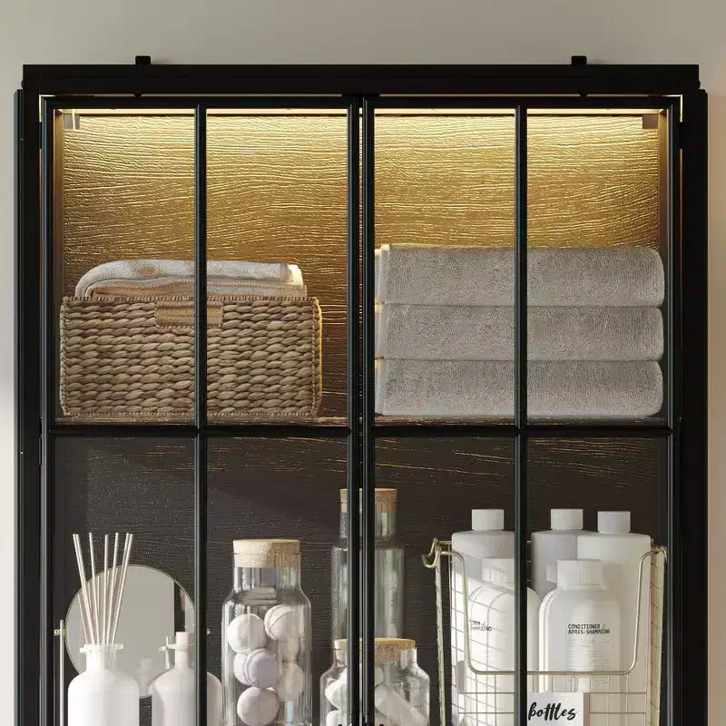 Bibliothèque de 180 cm, Vitrine à Étagères, Meuble d'Exposition en Verre Trempé pour Salon, Métal, Bois et LED