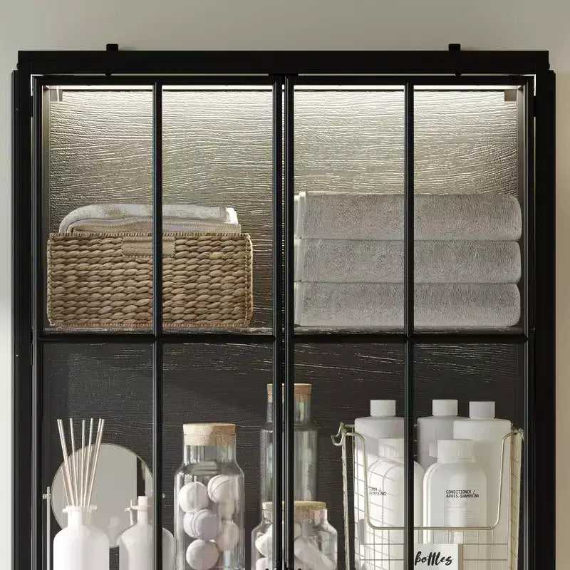 Bibliothèque de 180 cm, Vitrine à Étagères, Meuble d'Exposition en Verre Trempé pour Salon, Métal, Bois et LED