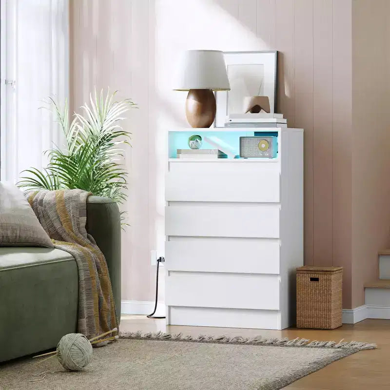4 Drawer Double Dresser with Power Outlet, Accent Chests of Drawers with LED Light, Modern White Storage Dresser with Charging Station, White