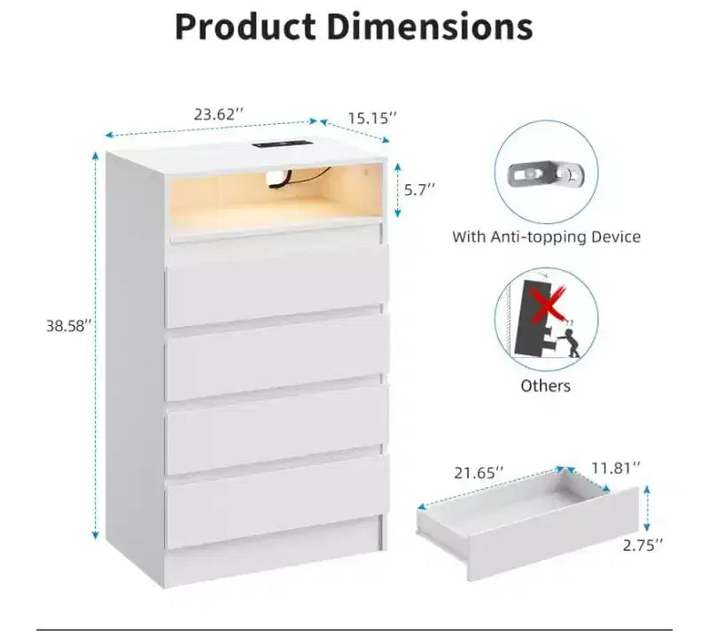 Commode 4 tiroirs avec lumières LED et prise de courant – Blanche