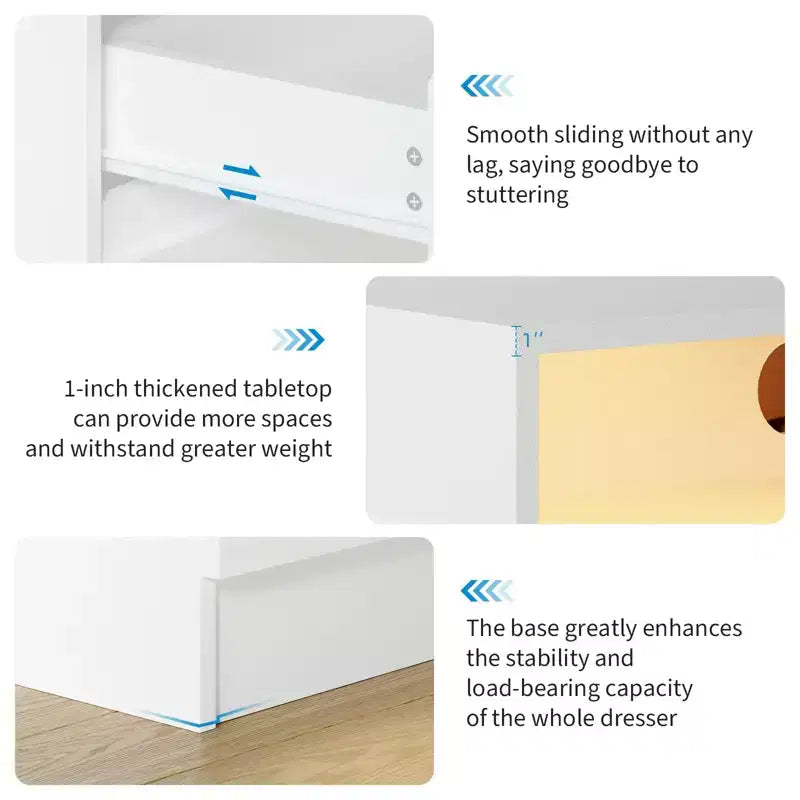 Commode 4 tiroirs avec lumières LED et prise de courant – Blanche