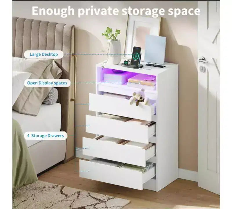 Commode 4 tiroirs avec lumières LED et prise de courant – Blanche