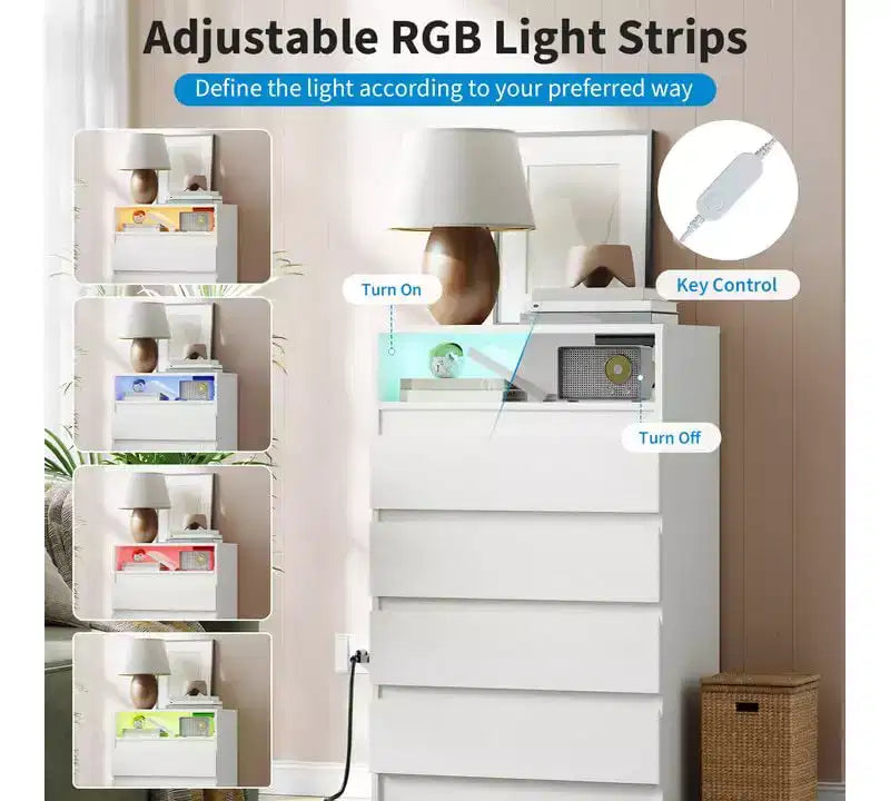 Commode 4 tiroirs avec lumières LED et prise de courant – Blanche