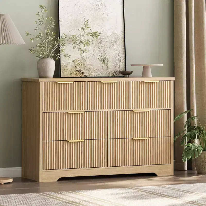 Zstar Modern Fluted Dresser for Bedroom, 7 Drawer Storage Cabinet with Metal Handel