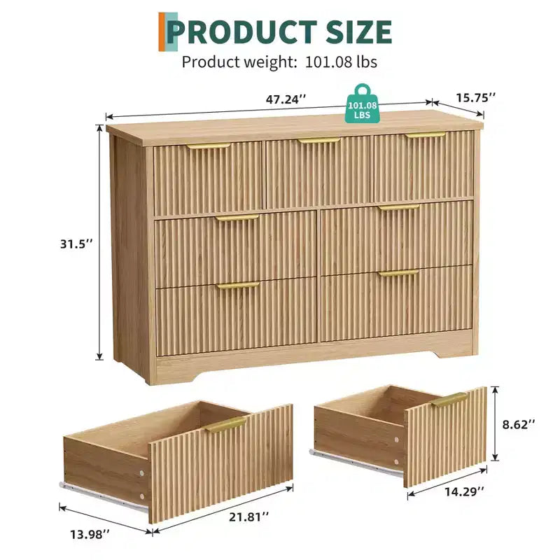 Commode moderne cannelée à 7 tiroirs – Finition chêne