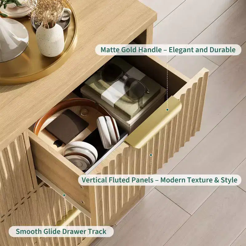 Commode moderne cannelée à 7 tiroirs – Finition chêne