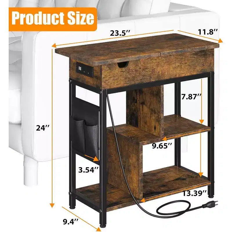 Table d'appoint relevable avec tiroir de rangement, ports USB et prises, table d'appoint avec étagères et sac de rangement pour petits espaces