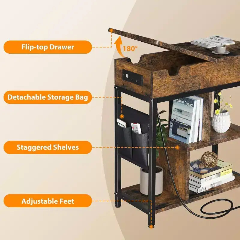 Table d'appoint relevable avec tiroir de rangement, ports USB et prises, table d'appoint avec étagères et sac de rangement pour petits espaces