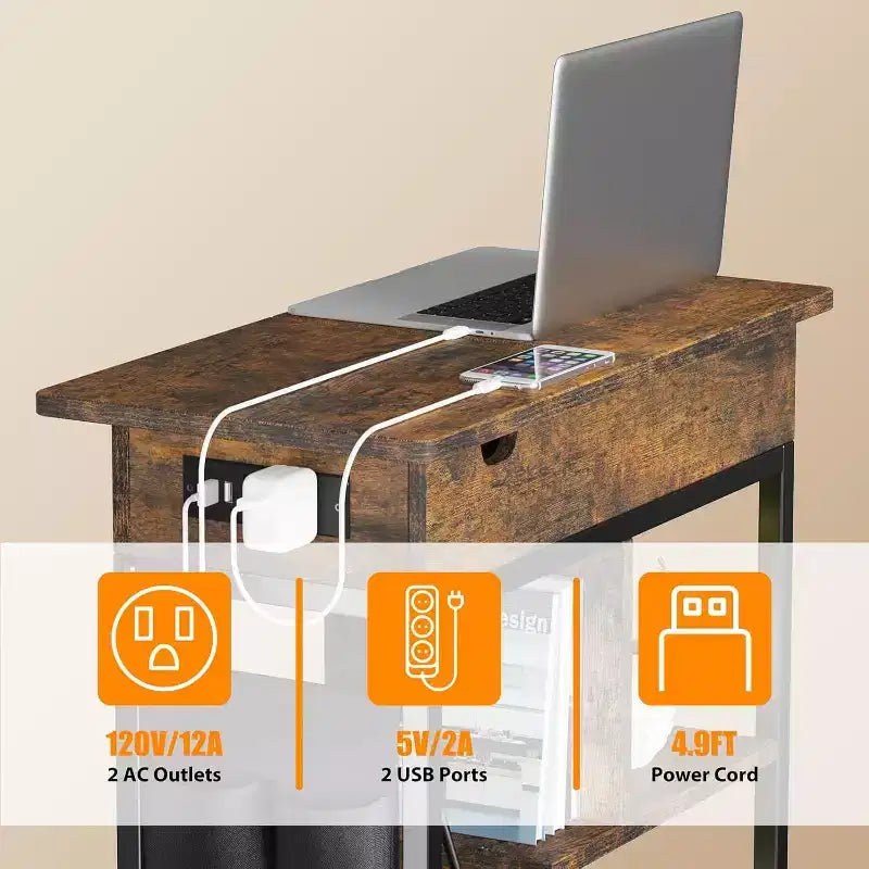 Table d'appoint relevable avec tiroir de rangement, ports USB et prises, table d'appoint avec étagères et sac de rangement pour petits espaces