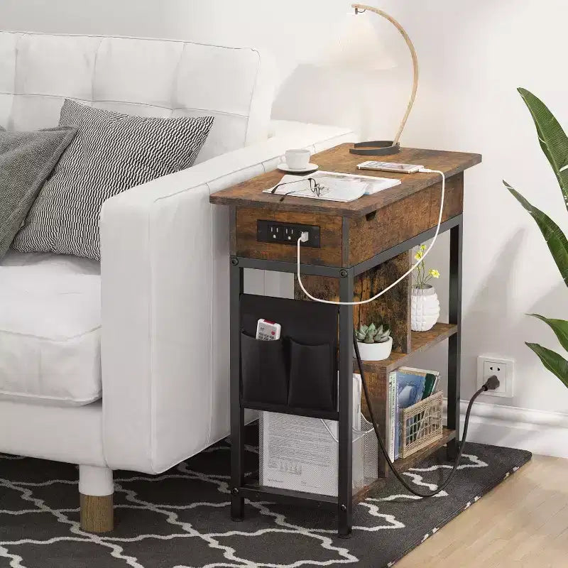 Table d'appoint relevable avec tiroir de rangement, ports USB et prises, table d'appoint avec étagères et sac de rangement pour petits espaces